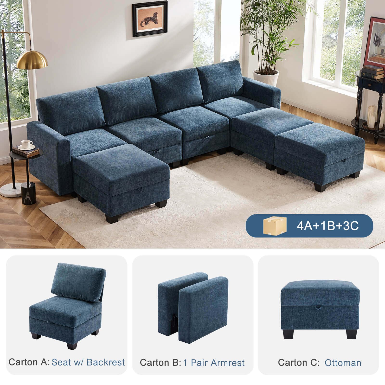 Luxury Modular Sectional Sofa w/Storage Seat, 118" U Shaped with Reversible Chaise EK HOME FURNITURE