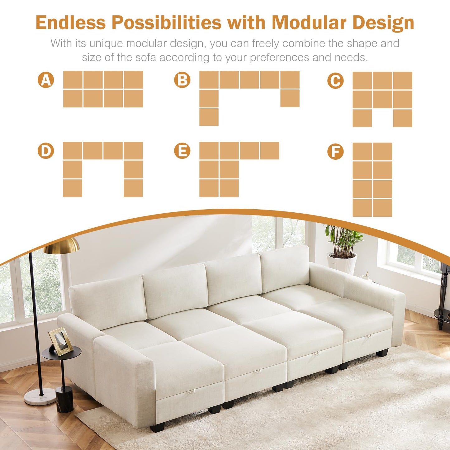 Luxury Modular Sectional Sofa w/Storage Seat, 118" U Shaped with Reversible Chaise EK HOME FURNITURE