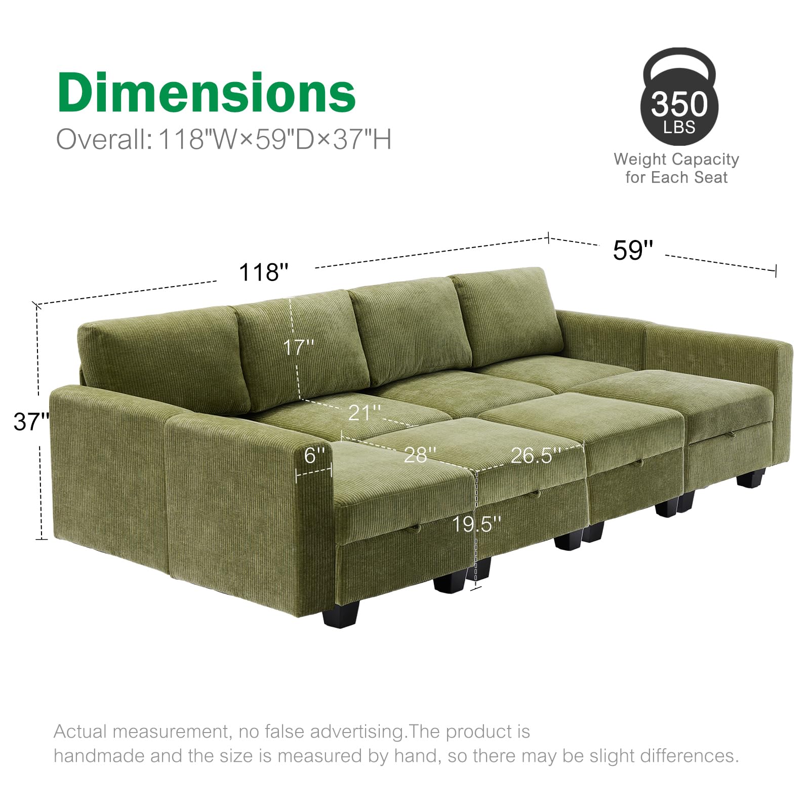 Luxury Modular Sectional Sofa w/Storage Seat, 118" U Shaped with Reversible Chaise EK HOME FURNITURE