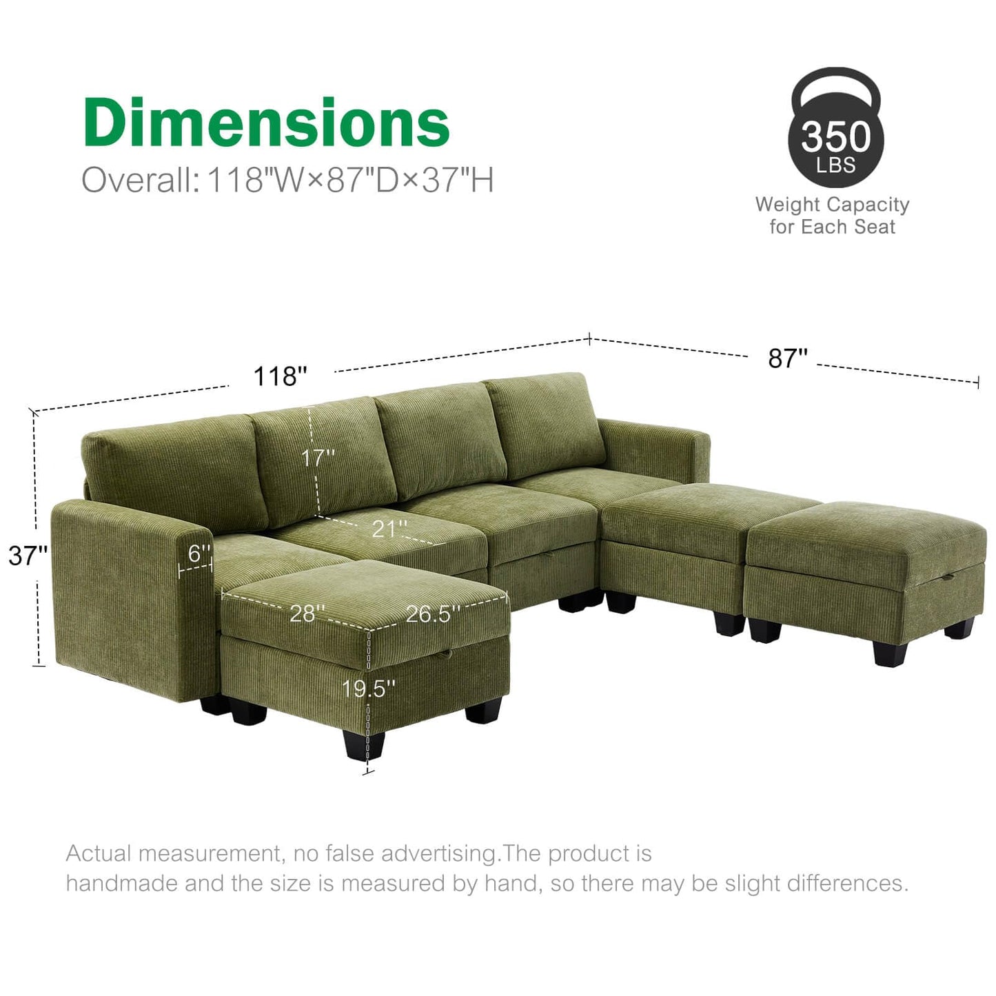 Luxury Modular Sectional Sofa w/Storage Seat, 118" U Shaped with Reversible Chaise EK HOME FURNITURE