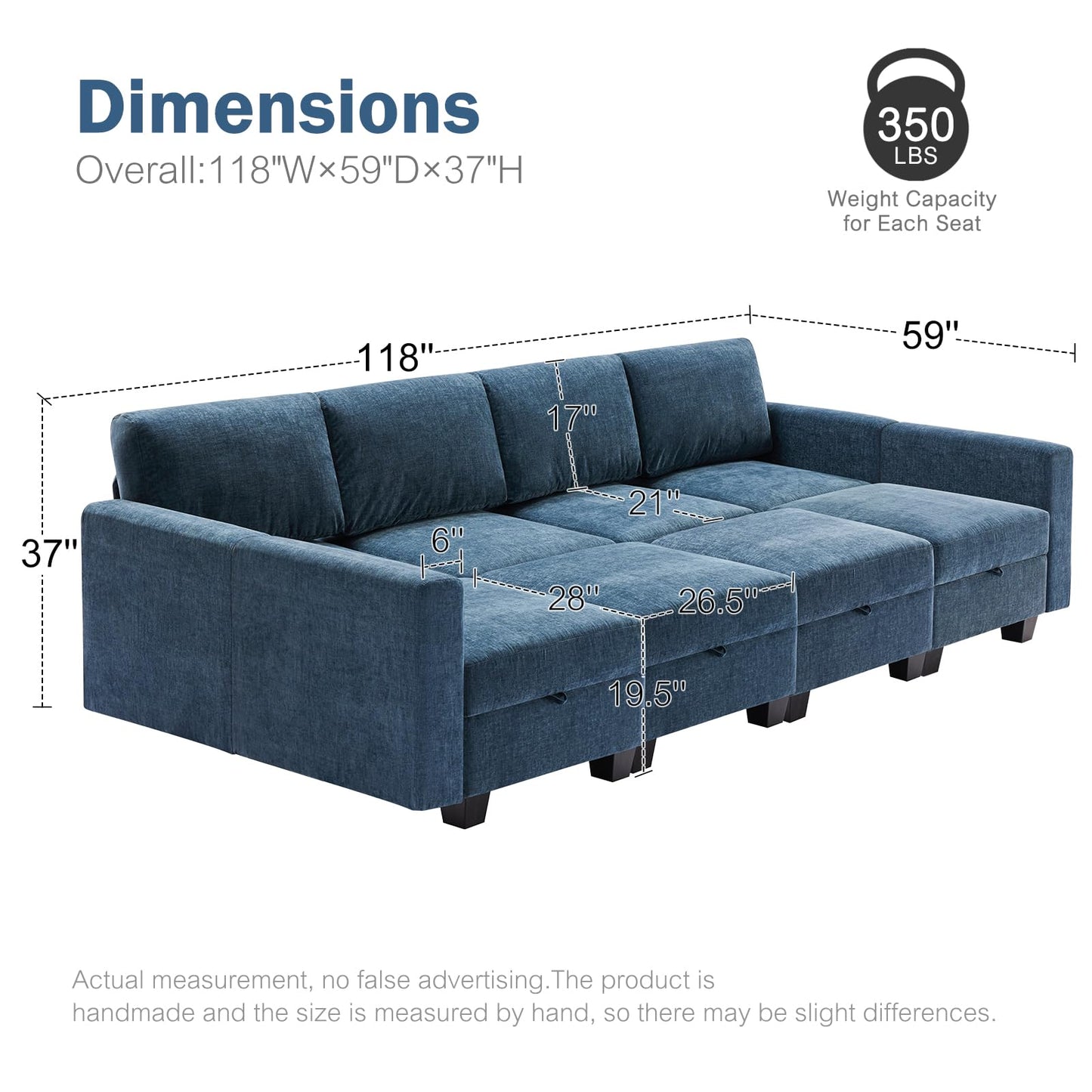 Luxury Modular Sectional Sofa w/Storage Seat, 118" U Shaped with Reversible Chaise EK HOME FURNITURE