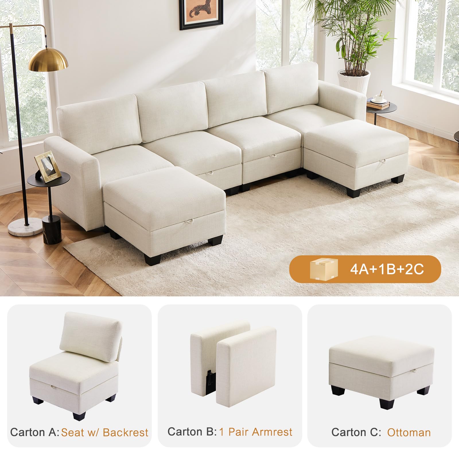 Luxury Modular Sectional Sofa w/Storage Seat, 118" U Shaped with Reversible Chaise EK HOME FURNITURE