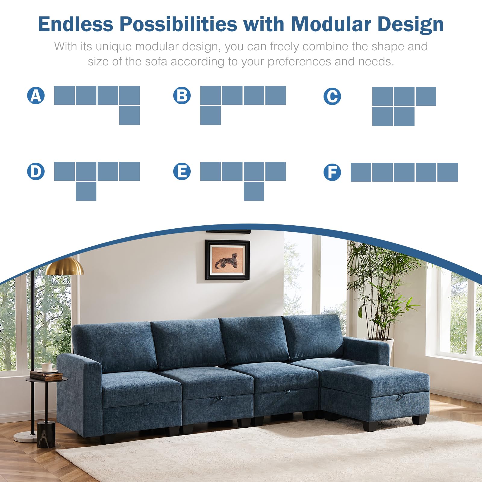 Luxury Modular Sectional Sofa w/Storage Seat, 118" U Shaped with Reversible Chaise EK HOME FURNITURE