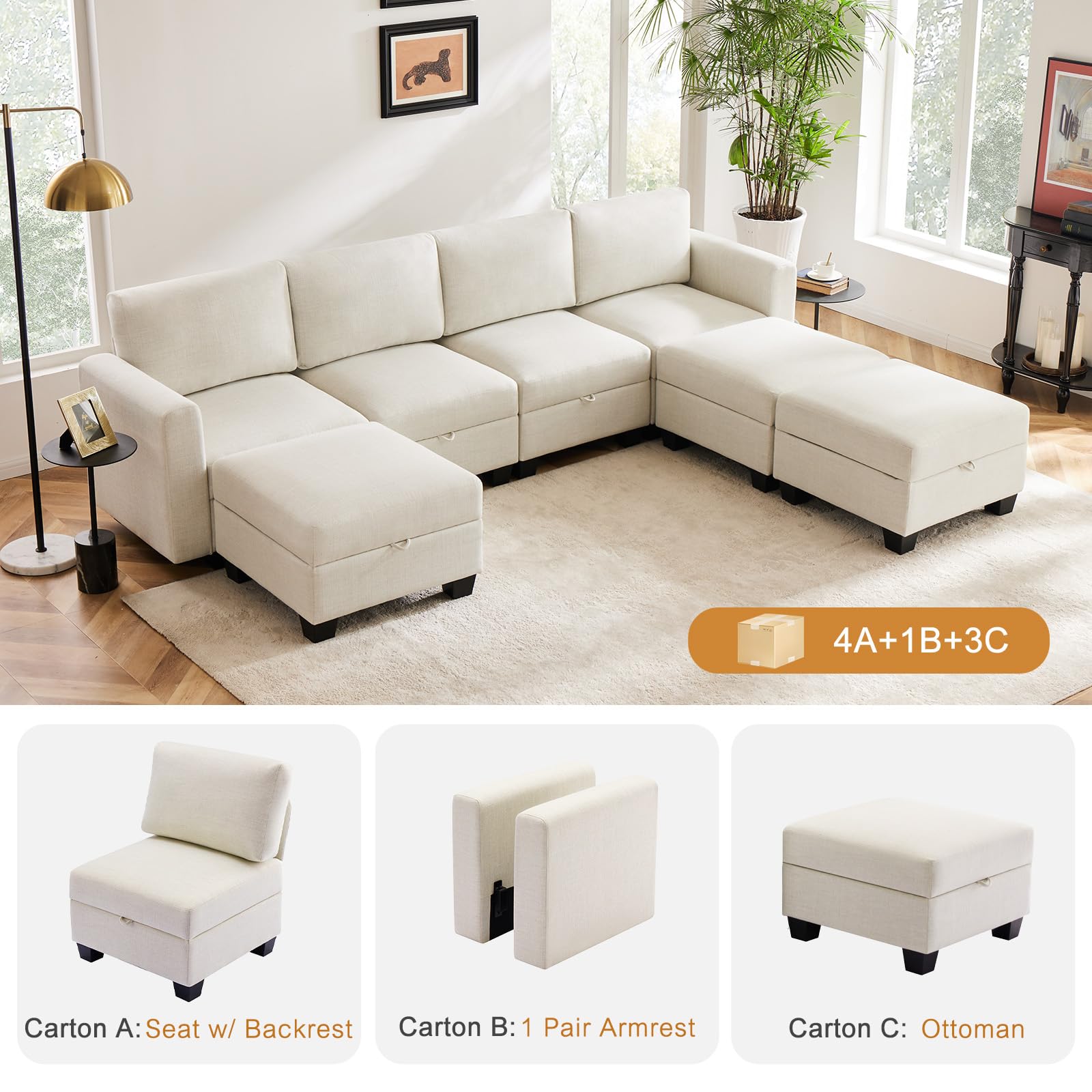 Luxury Modular Sectional Sofa w/Storage Seat, 118" U Shaped with Reversible Chaise EK HOME FURNITURE