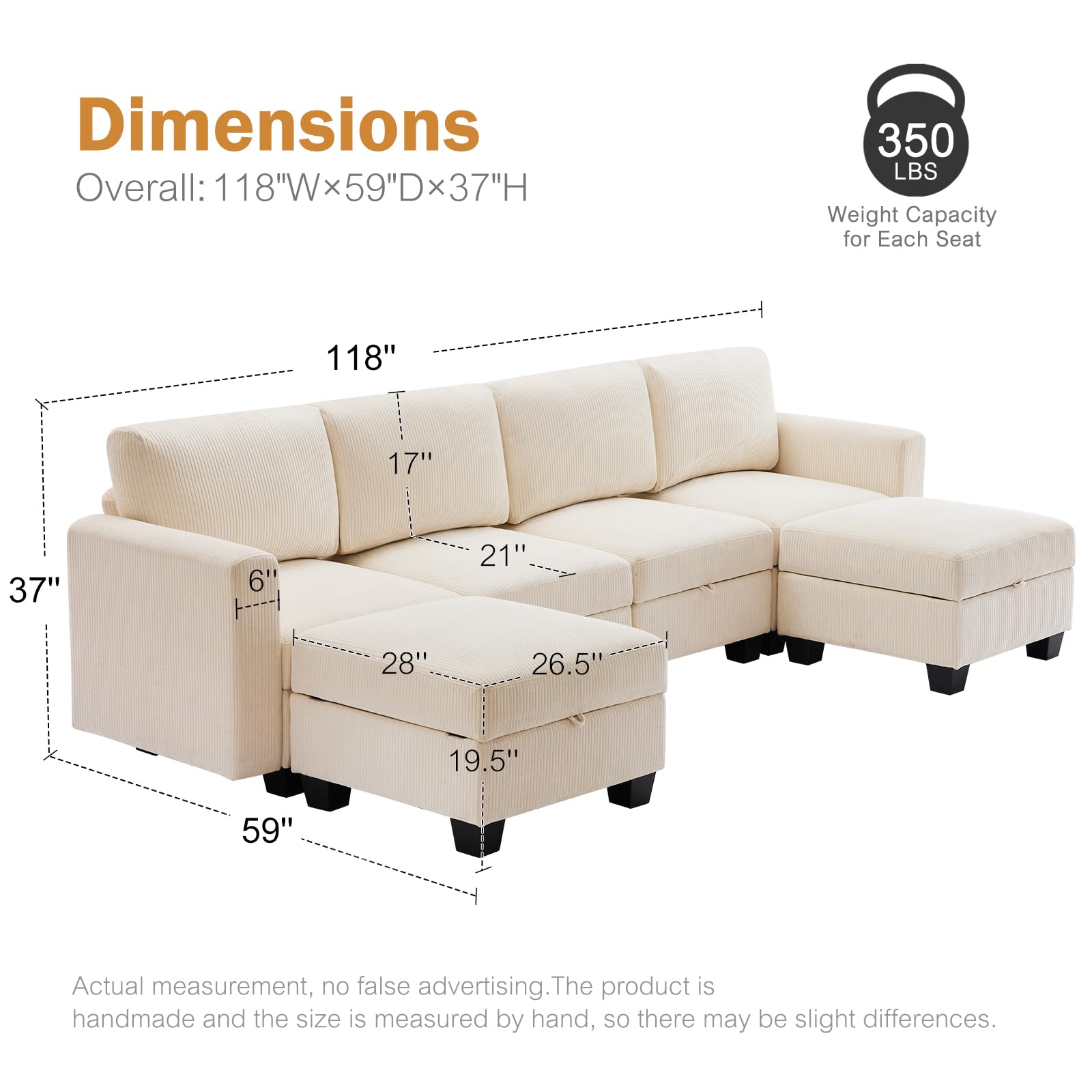 Luxury Modular Sectional Sofa w/Storage Seat, 118" U Shaped with Reversible Chaise EK HOME FURNITURE