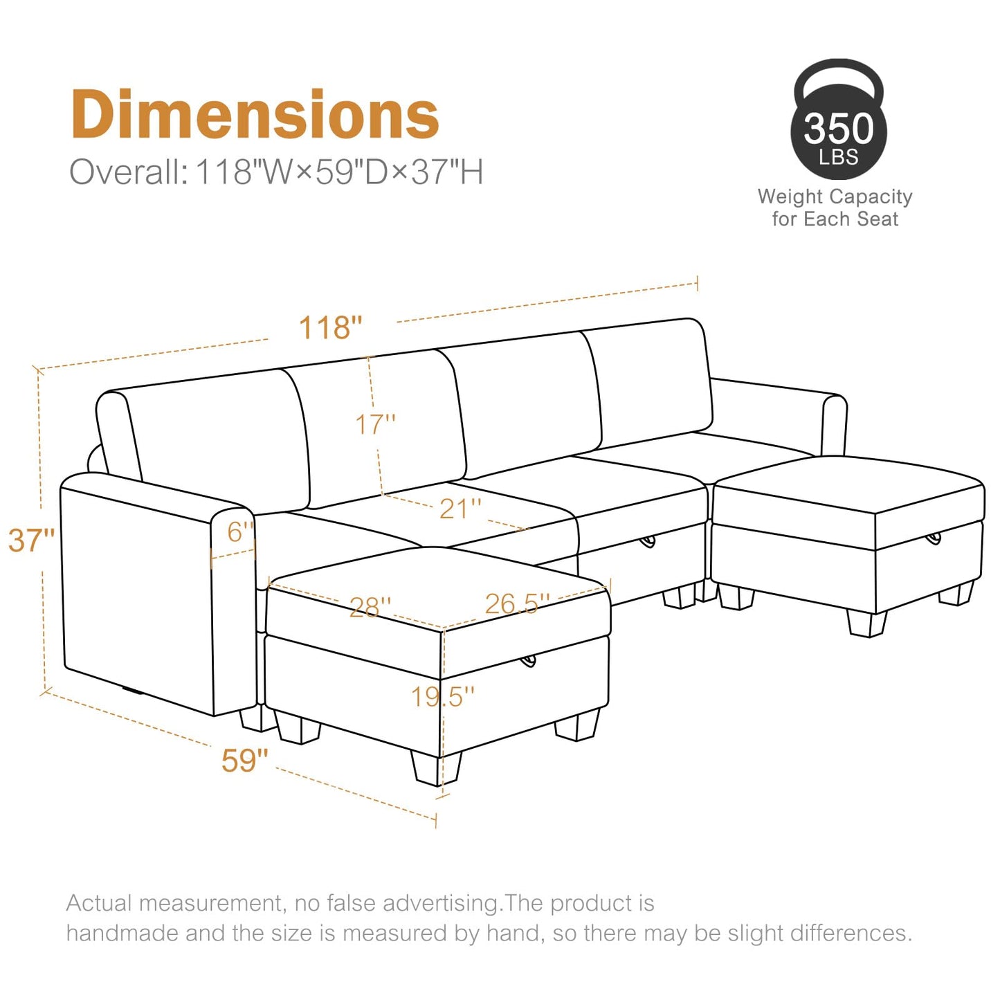 Luxury Modular Sectional Sofa w/Storage Seat, 118" U Shaped with Reversible Chaise EK HOME FURNITURE