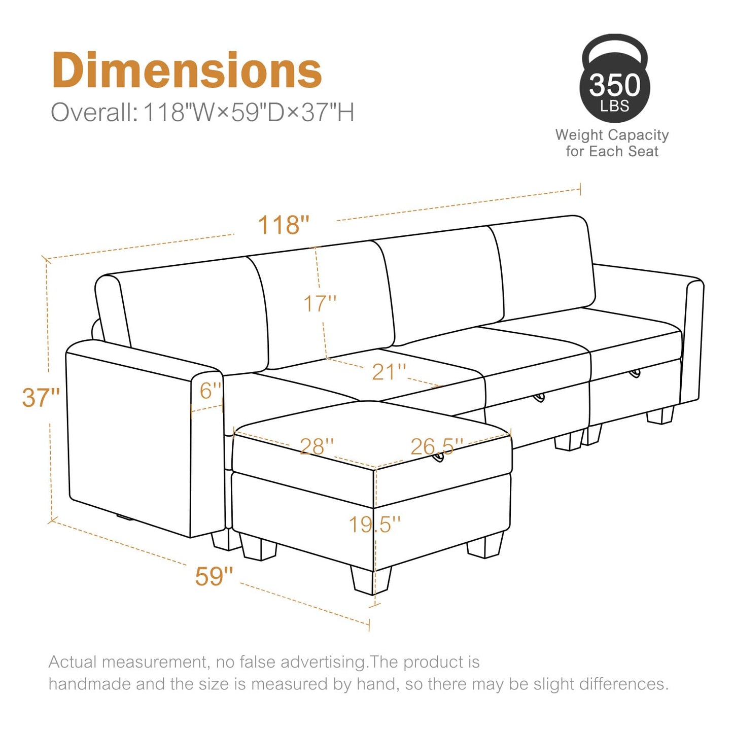 Luxury Modular Sectional Sofa w/Storage Seat, 118" U Shaped with Reversible Chaise EK HOME FURNITURE