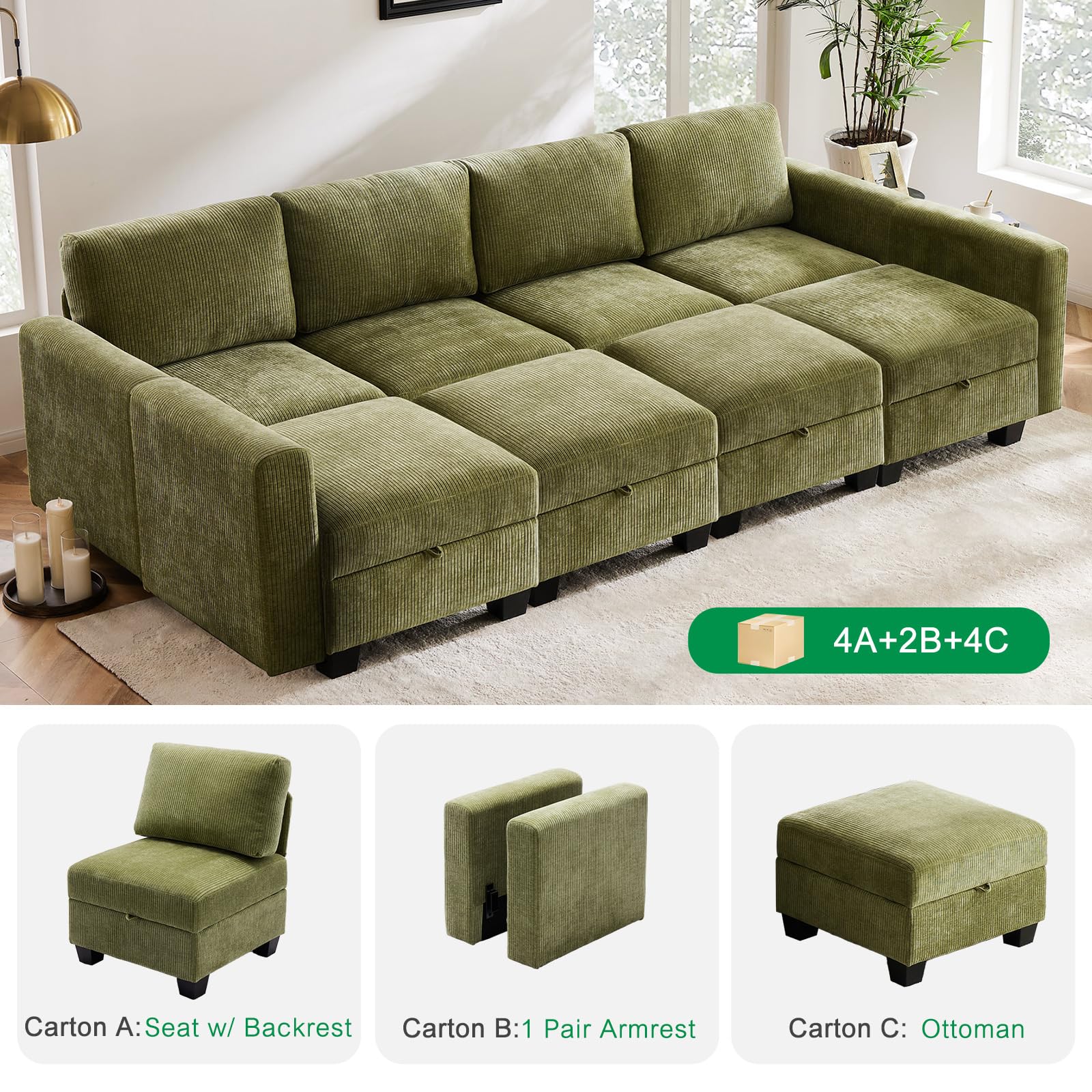 Luxury Modular Sectional Sofa w/Storage Seat, 118" U Shaped with Reversible Chaise EK HOME FURNITURE