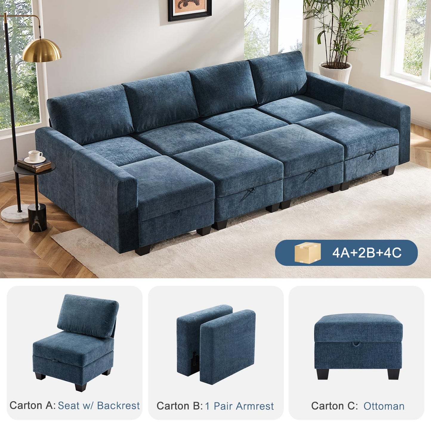 Luxury Modular Sectional Sofa w/Storage Seat, 118" U Shaped with Reversible Chaise EK HOME FURNITURE