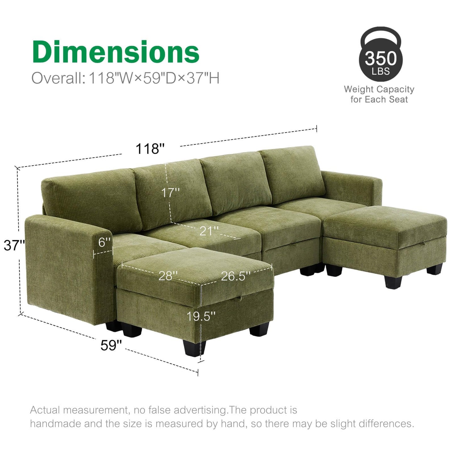 Luxury Modular Sectional Sofa w/Storage Seat, 118" U Shaped with Reversible Chaise EK HOME FURNITURE