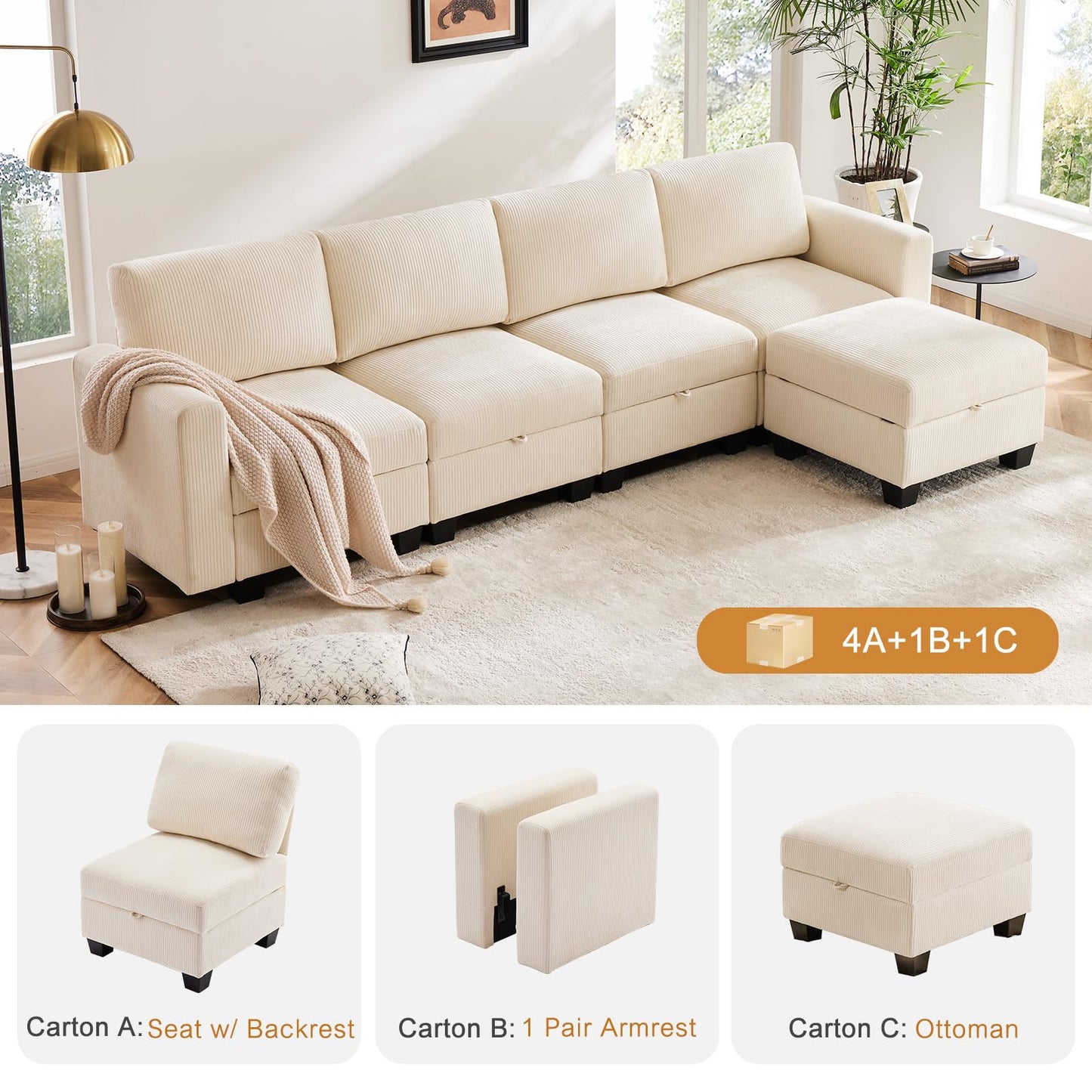 Luxury Modular Sectional Sofa w/Storage Seat, 118" U Shaped with Reversible Chaise EK HOME FURNITURE