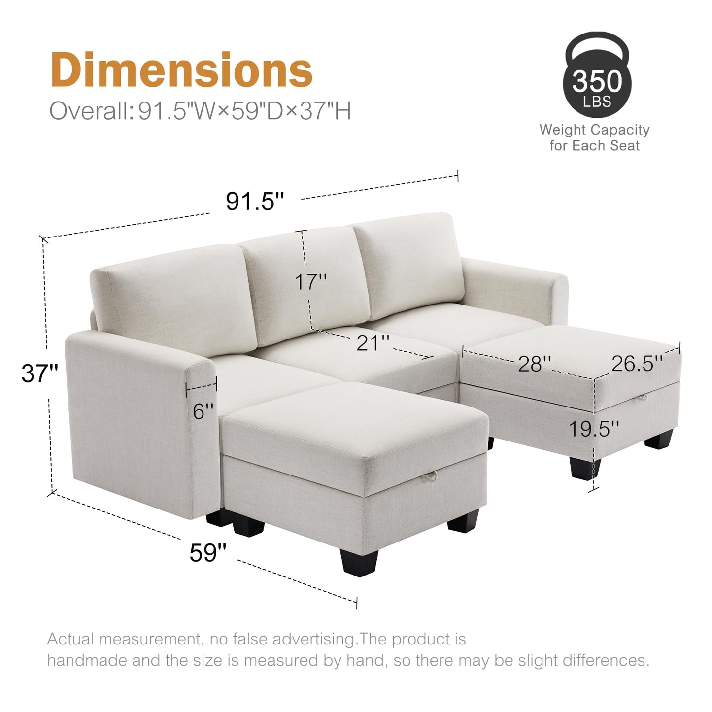 Luxury Modular Sectional Sofa w/Storage Seat, 118" U Shaped with Reversible Chaise EK HOME FURNITURE