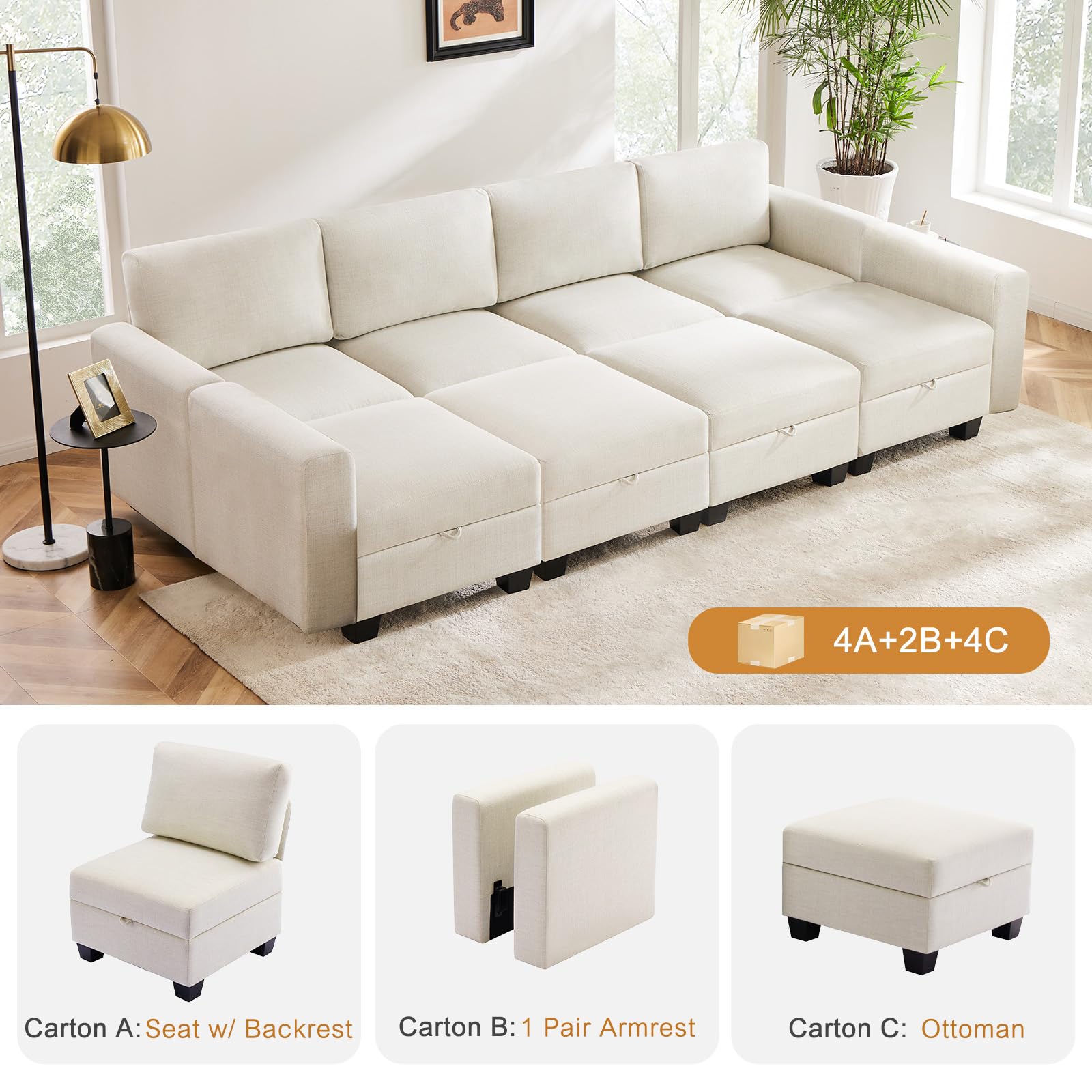 Luxury Modular Sectional Sofa w/Storage Seat, 118" U Shaped with Reversible Chaise EK HOME FURNITURE