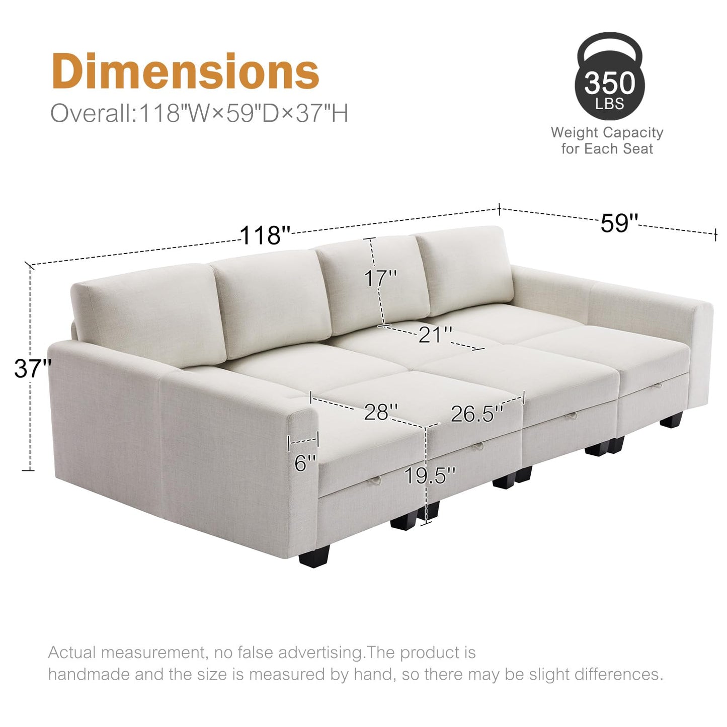 Luxury Modular Sectional Sofa w/Storage Seat, 118" U Shaped with Reversible Chaise EK HOME FURNITURE