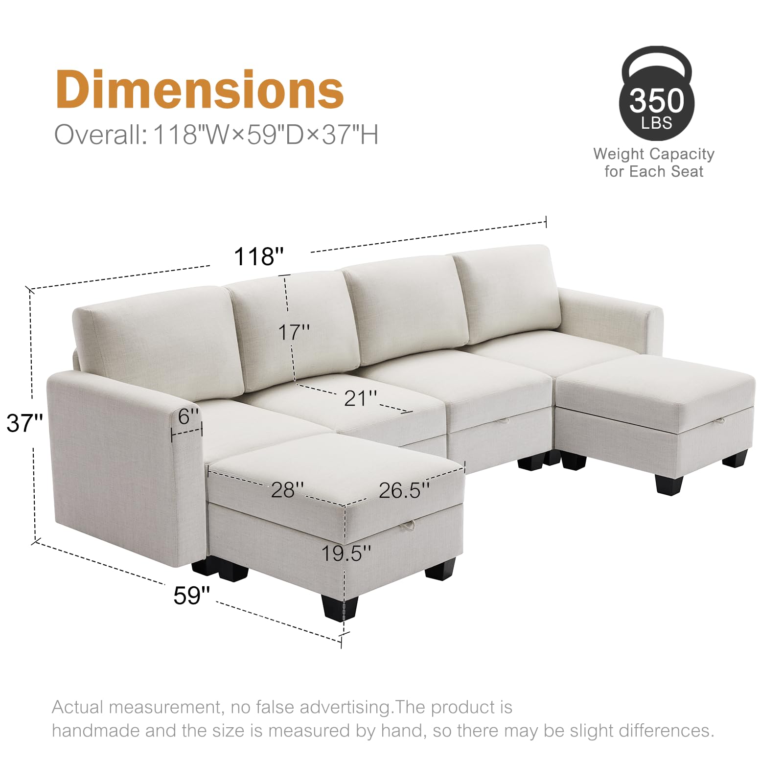 Luxury Modular Sectional Sofa w/Storage Seat, 118" U Shaped with Reversible Chaise EK HOME FURNITURE