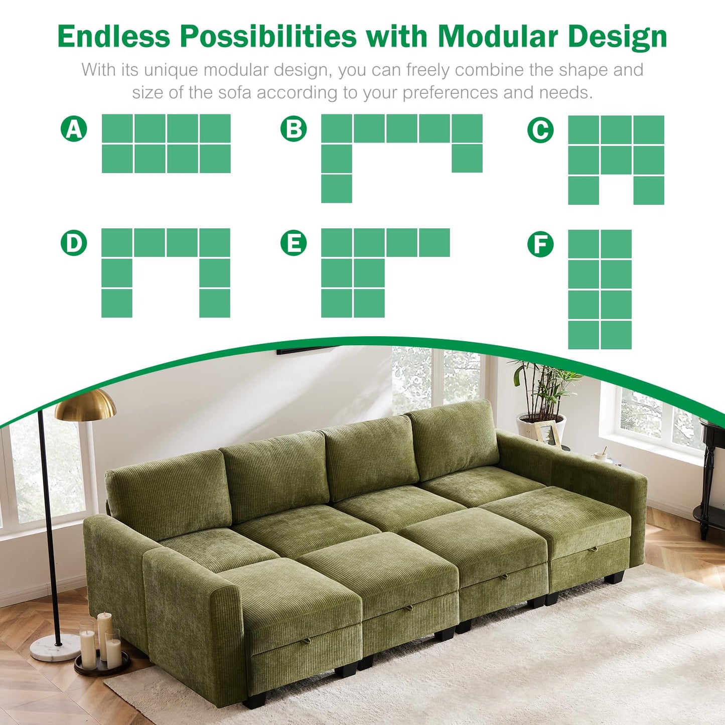 Luxury Modular Sectional Sofa w/Storage Seat, 118" U Shaped with Reversible Chaise EK HOME FURNITURE