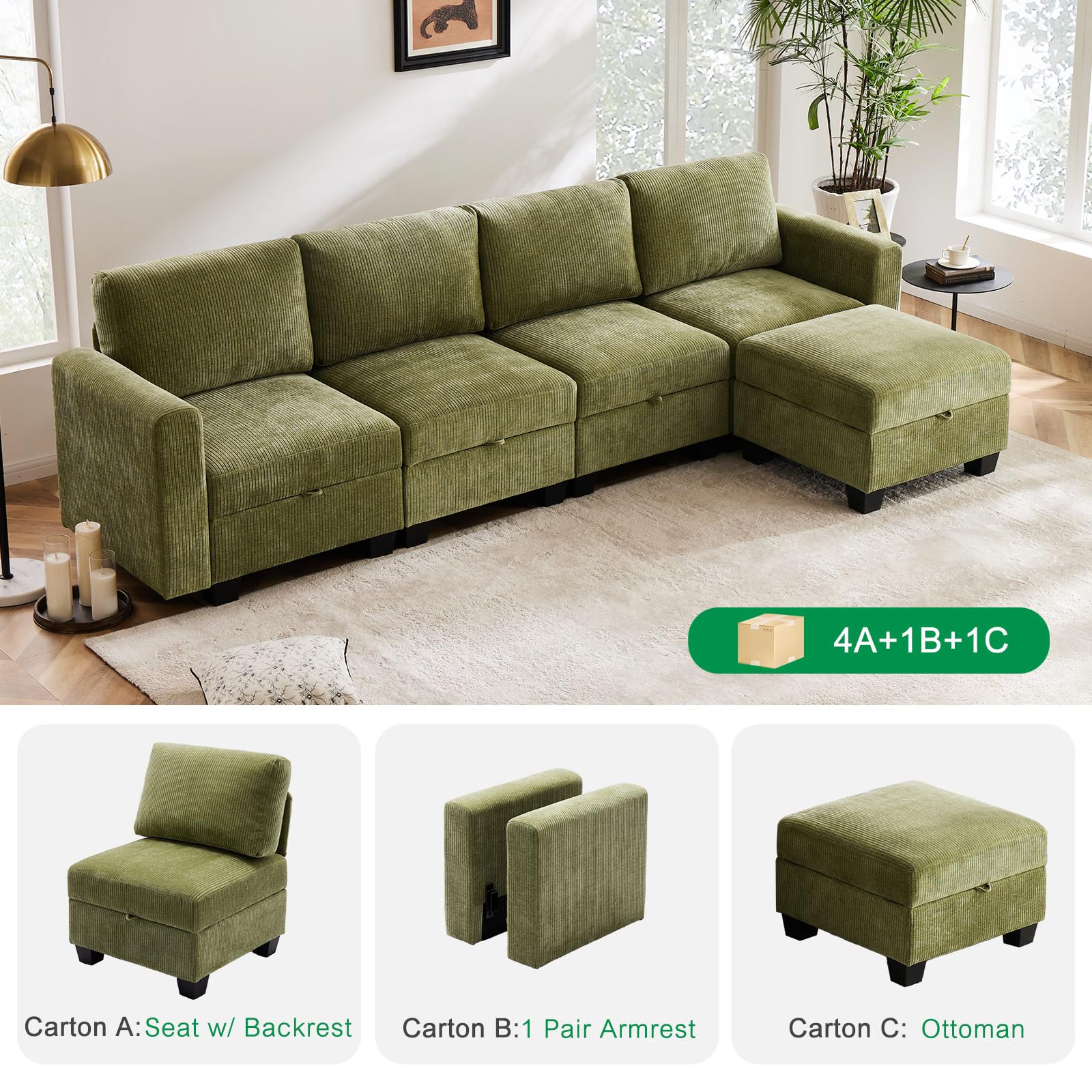 Luxury Modular Sectional Sofa w/Storage Seat, 118" U Shaped with Reversible Chaise EK HOME FURNITURE