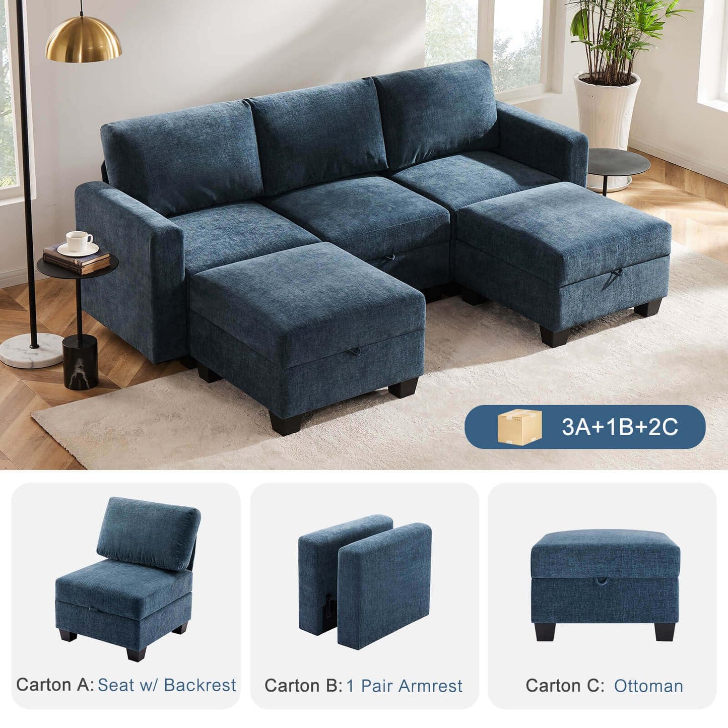 Luxury Modular Sectional Sofa w/Storage Seat, 118" U Shaped with Reversible Chaise EK HOME FURNITURE