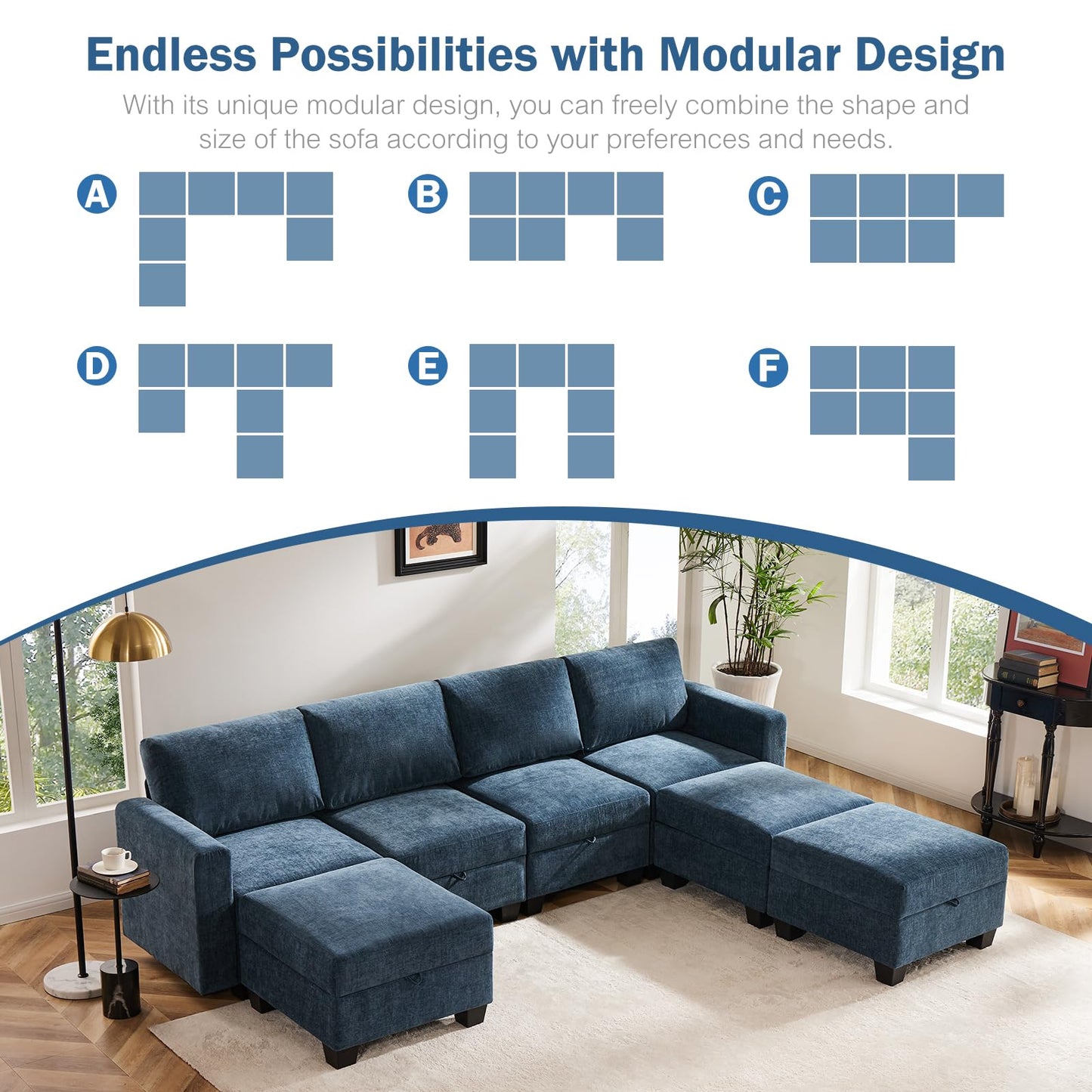 Luxury Modular Sectional Sofa w/Storage Seat, 118" U Shaped with Reversible Chaise EK HOME FURNITURE