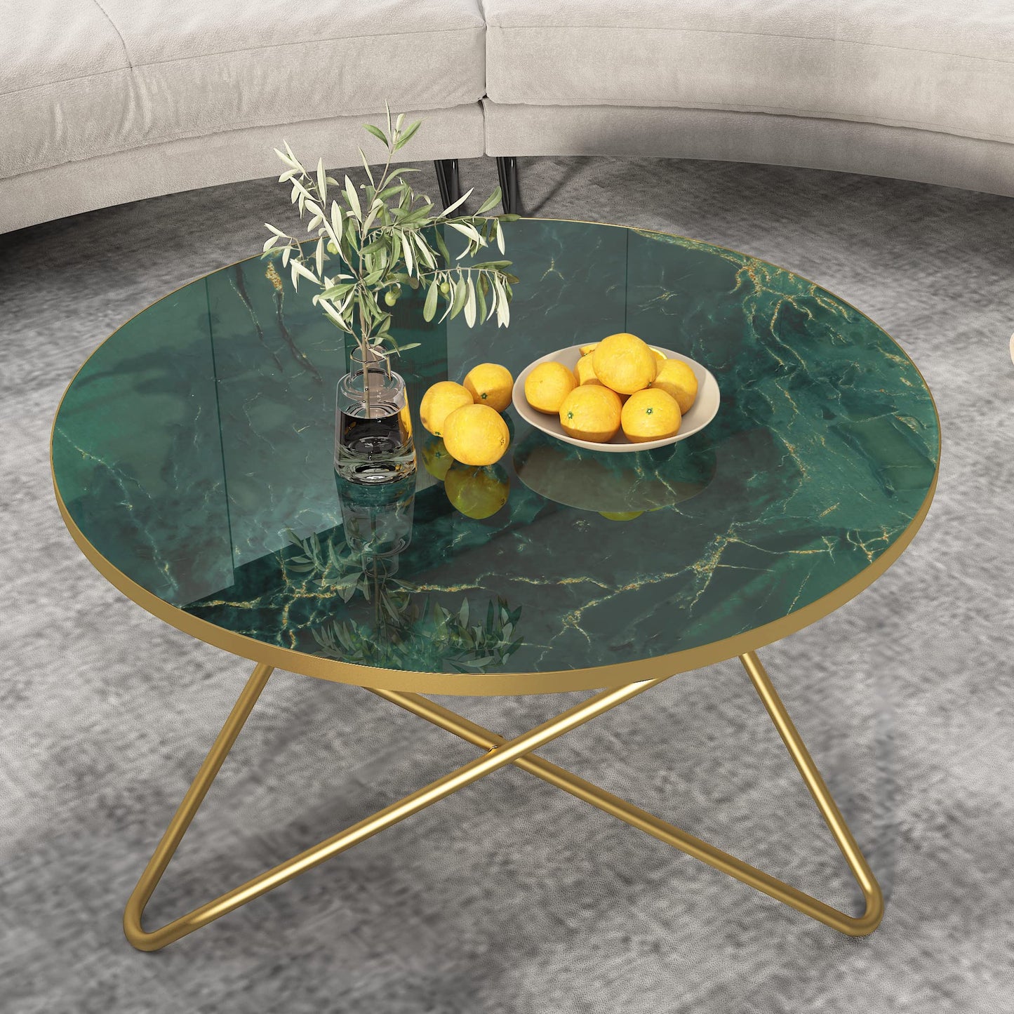 Luxury Round Coffee Table with Green Faux Marble Top EK HOME FURNITURE