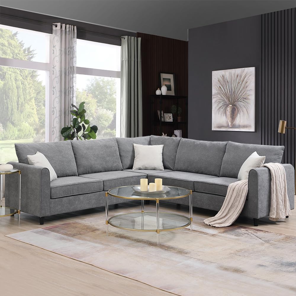 Modern, L U-Shape, 7 Seats Modular Sectional Sofa with Ottoman, Set with 3 Pillows EK HOME FURNITURE