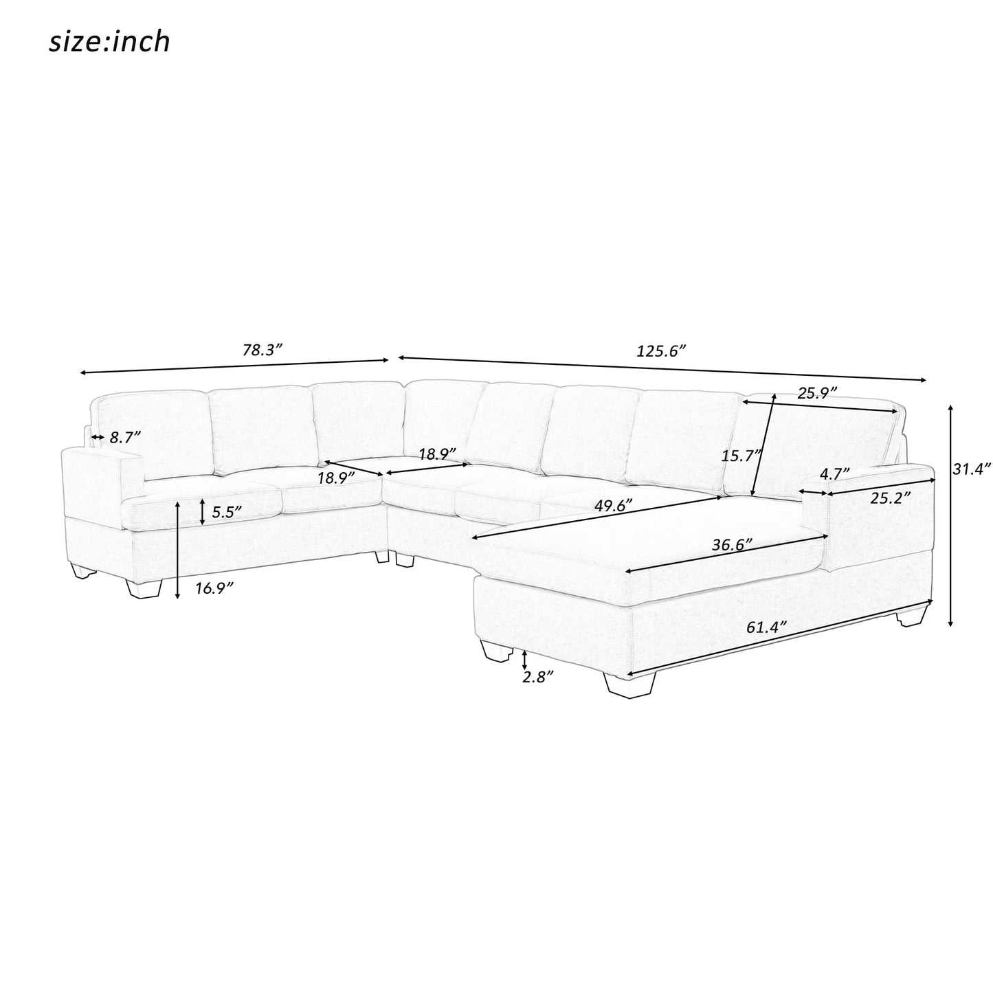 Modern, L U-Shape, 7 Seats Modular Sectional Sofa with Ottoman, Set with 3 Pillows EK HOME FURNITURE