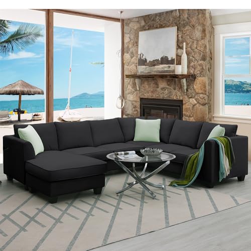 Modern, L U-Shape, 7 Seats Modular Sectional Sofa with Ottoman, Set with 3 Pillows EK HOME FURNITURE