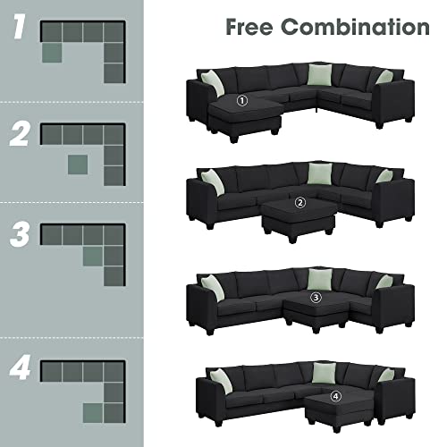 Modern, L U-Shape, 7 Seats Modular Sectional Sofa with Ottoman, Set with 3 Pillows EK HOME FURNITURE