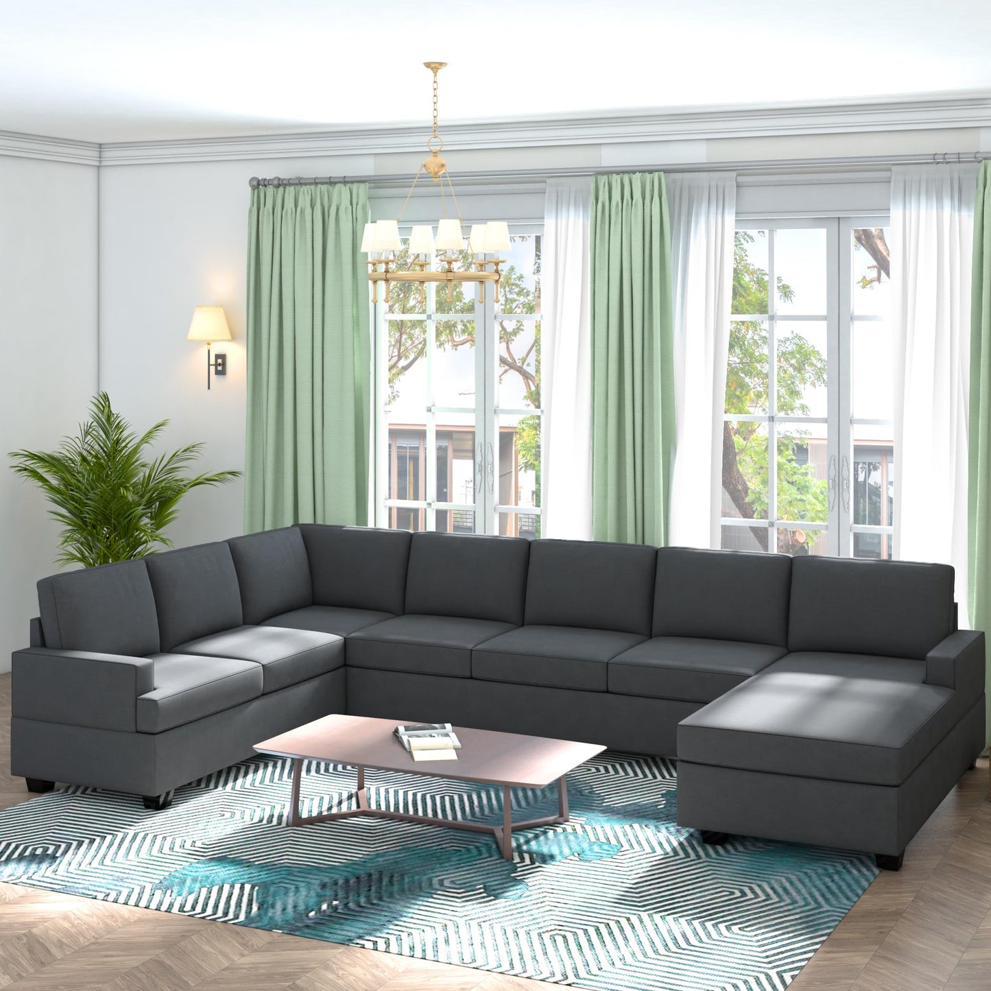 Modern, L U-Shape, 7 Seats Modular Sectional Sofa with Ottoman, Set with 3 Pillows EK HOME FURNITURE