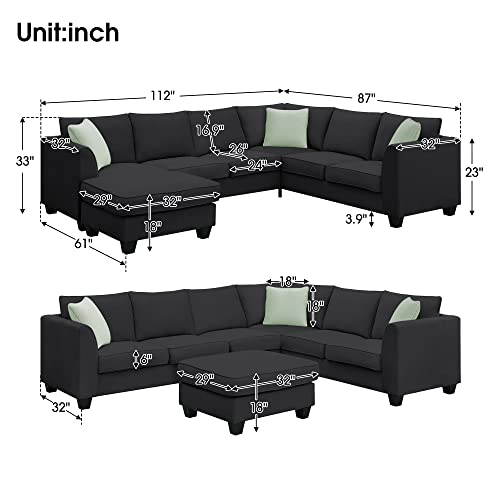 Modern, L U-Shape, 7 Seats Modular Sectional Sofa with Ottoman, Set with 3 Pillows EK HOME FURNITURE