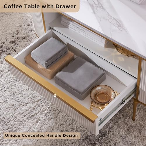 Modern Luxury Fluted Coffee Table, 48" Oval Coffee Table with Drawe EK HOME FURNITURE