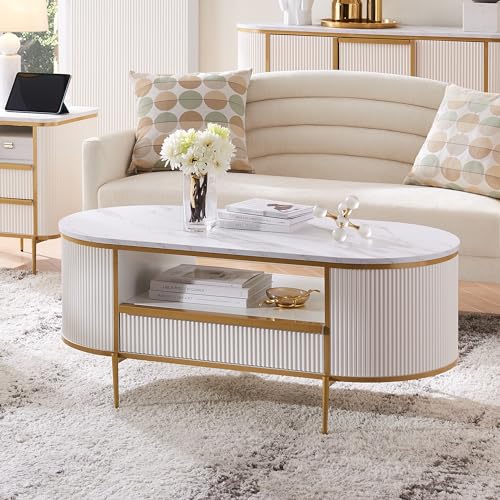 Modern Luxury Fluted Coffee Table, 48" Oval Coffee Table with Drawe EK HOME FURNITURE