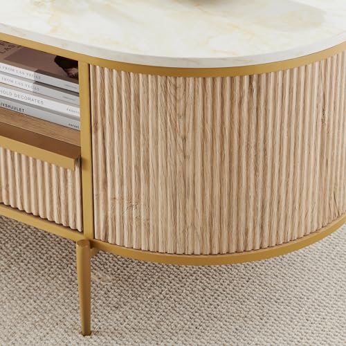 Modern Luxury Fluted Coffee Table, 48" Oval Coffee Table with Drawe EK HOME FURNITURE