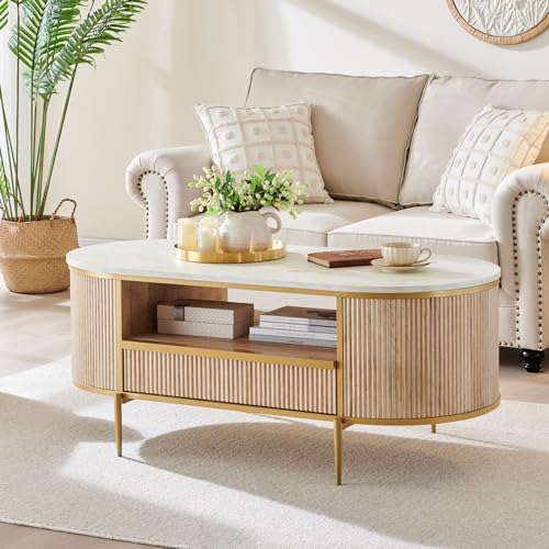 Modern Luxury Fluted Coffee Table, 48" Oval Coffee Table with Drawe EK HOME FURNITURE