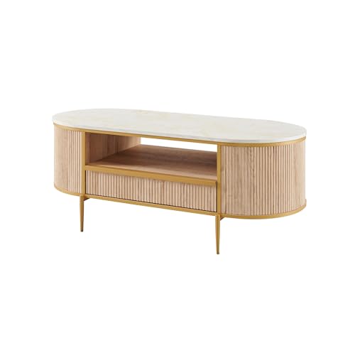 Modern Luxury Fluted Coffee Table, 48" Oval Coffee Table with Drawe EK HOME FURNITURE