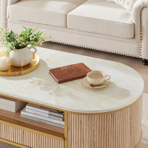 Modern Luxury Fluted Coffee Table, 48" Oval Coffee Table with Drawe EK HOME FURNITURE