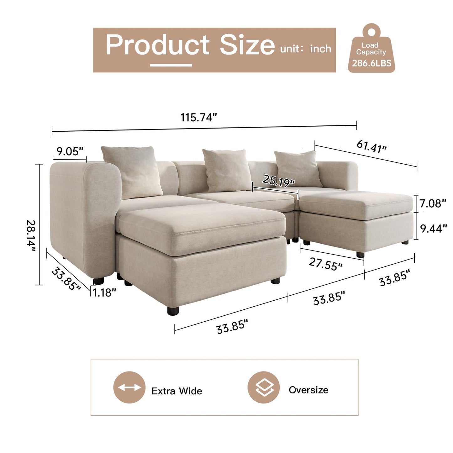 Modern Oversized 9-Seater Sofa with 5 Pillows and Storage Footstool, U-Shaped Sofa for Living Room EK HOME FURNITURE