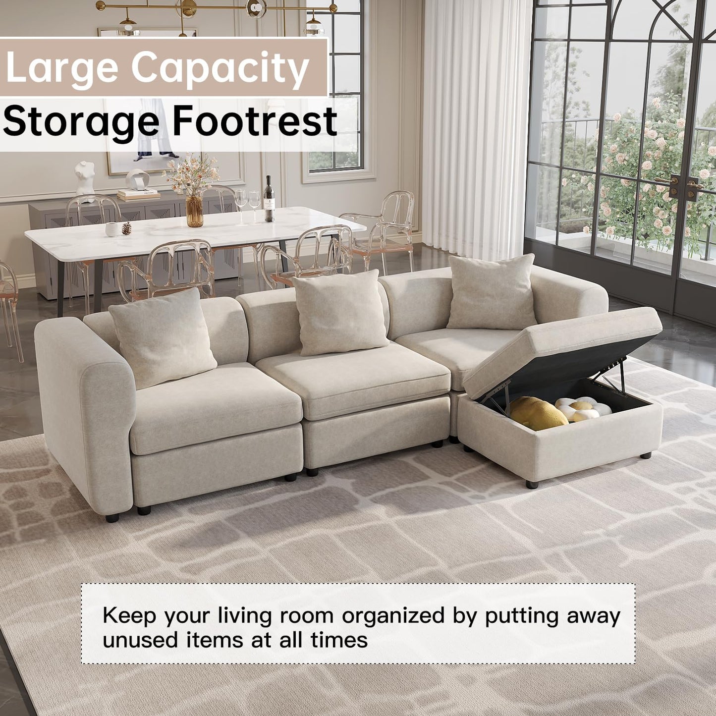 Modern Oversized 9-Seater Sofa with 5 Pillows and Storage Footstool, U-Shaped Sofa for Living Room EK HOME FURNITURE