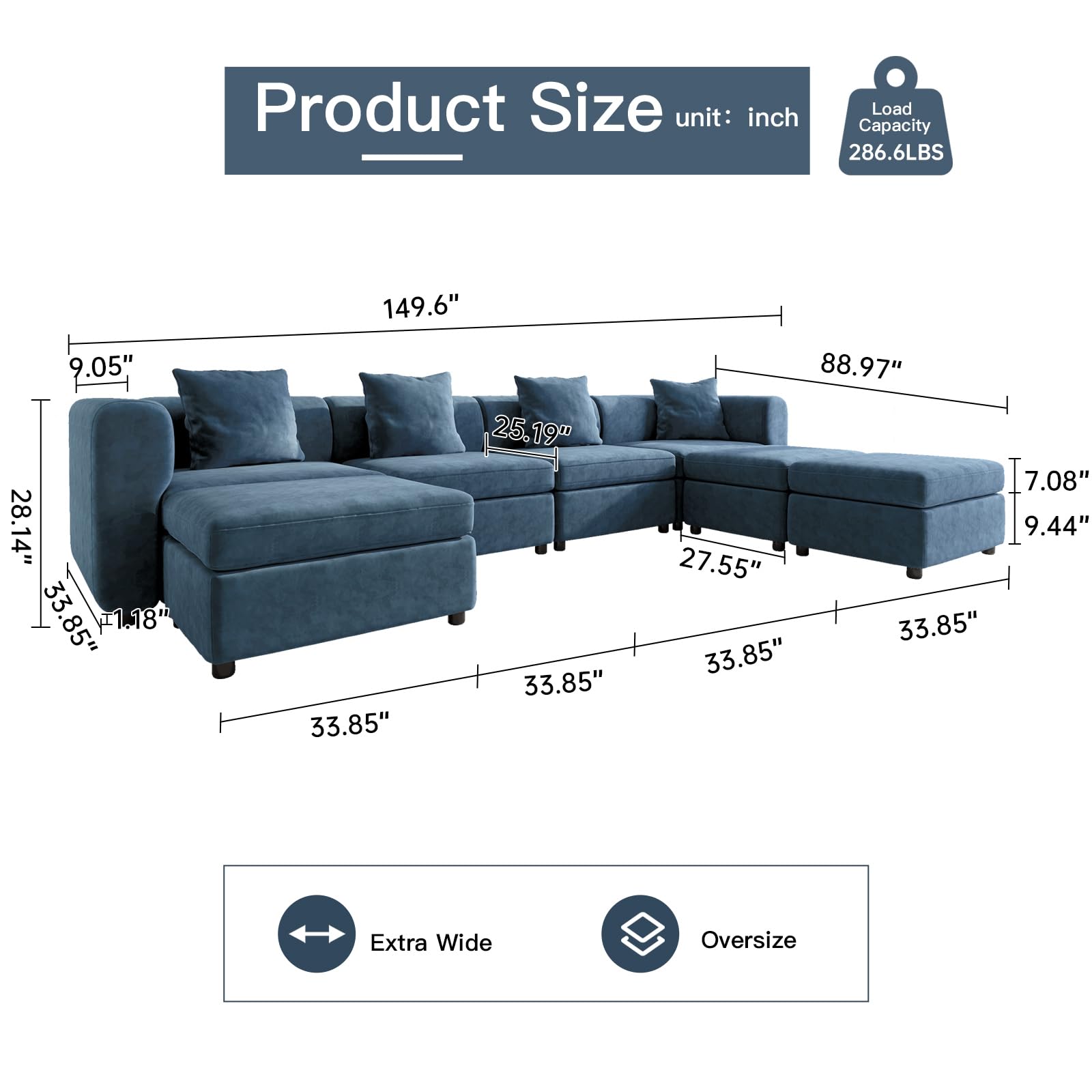 Modern Oversized 9-Seater Sofa with 5 Pillows and Storage Footstool, U-Shaped Sofa for Living Room EK HOME FURNITURE