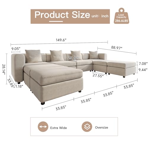 Modern Oversized 9-Seater Sofa with 5 Pillows and Storage Footstool, U-Shaped Sofa for Living Room EK HOME FURNITURE