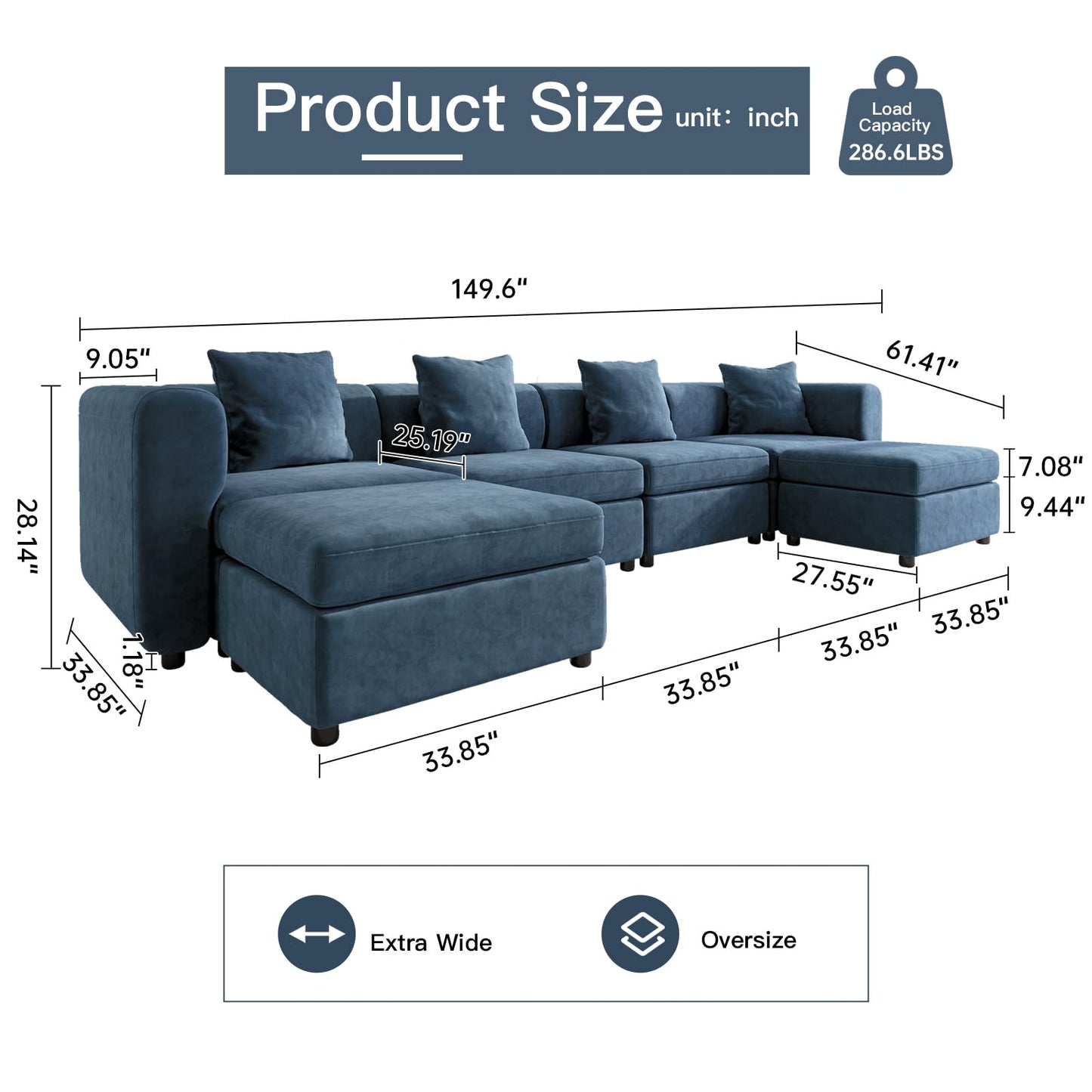 Modern Oversized 9-Seater Sofa with 5 Pillows and Storage Footstool, U-Shaped Sofa for Living Room EK HOME FURNITURE