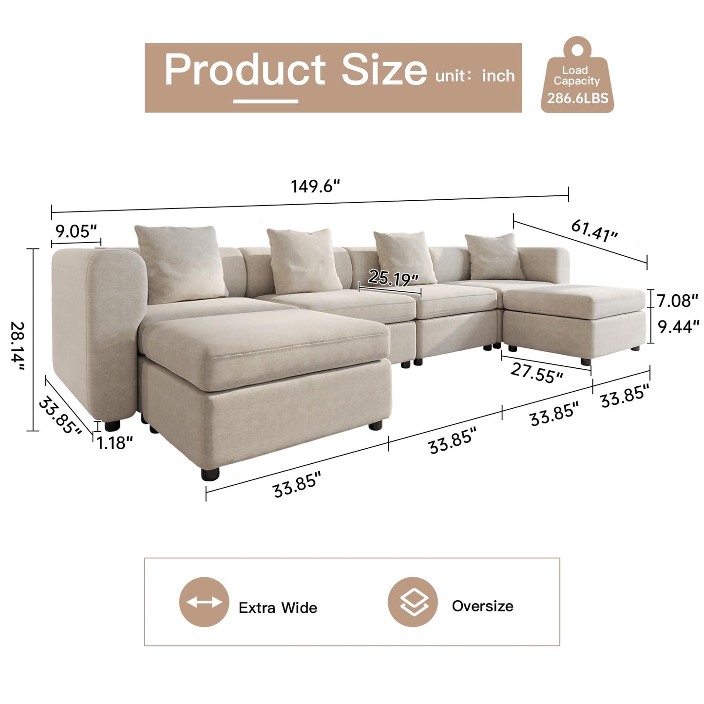 Modern Oversized 9-Seater Sofa with 5 Pillows and Storage Footstool, U-Shaped Sofa for Living Room EK HOME FURNITURE