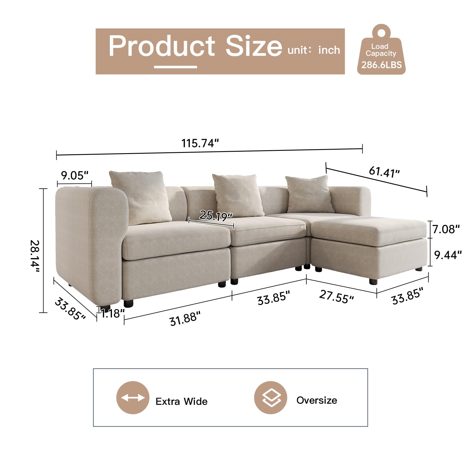 Modern Oversized 9-Seater Sofa with 5 Pillows and Storage Footstool, U-Shaped Sofa for Living Room EK HOME FURNITURE