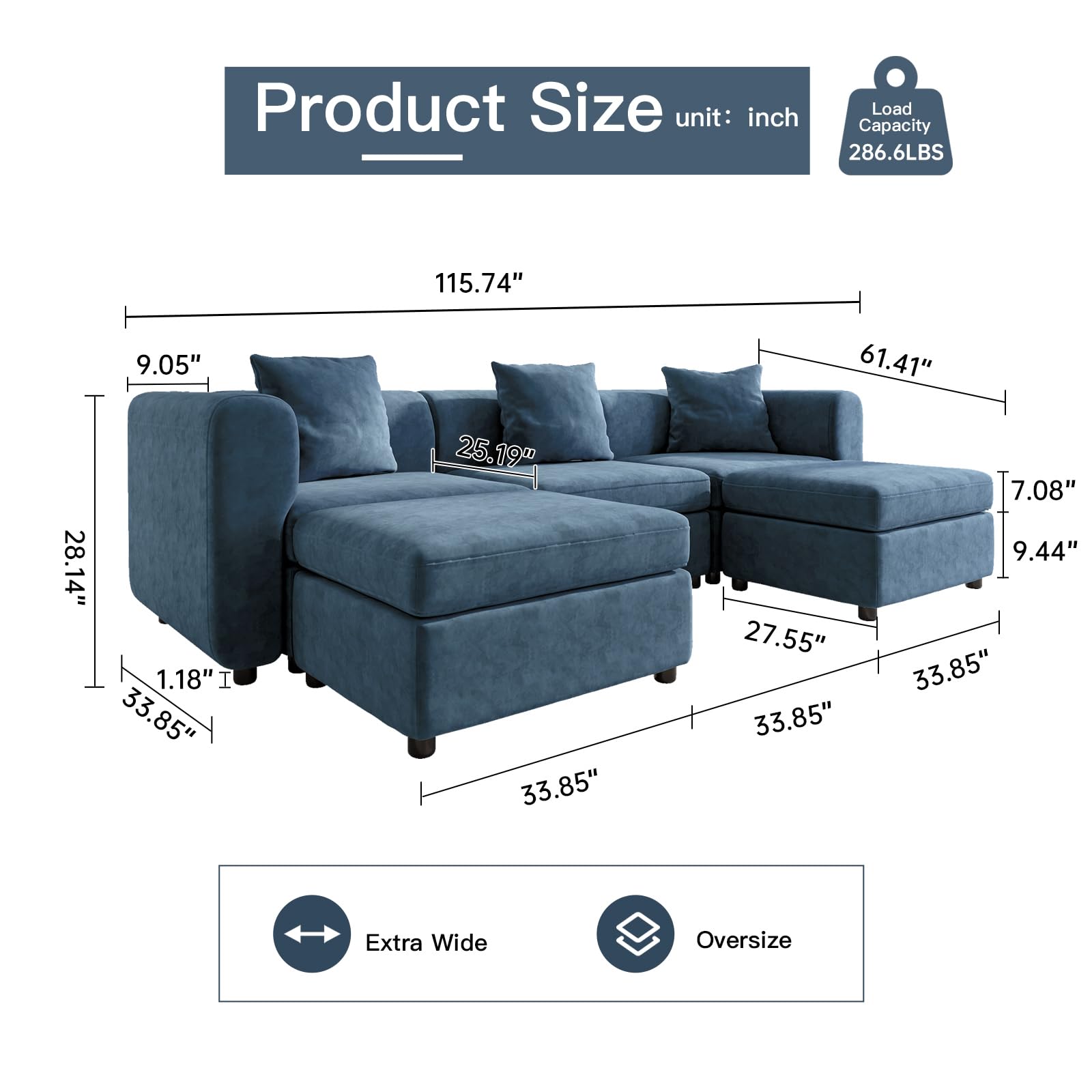 Modern Oversized 9-Seater Sofa with 5 Pillows and Storage Footstool, U-Shaped Sofa for Living Room EK HOME FURNITURE