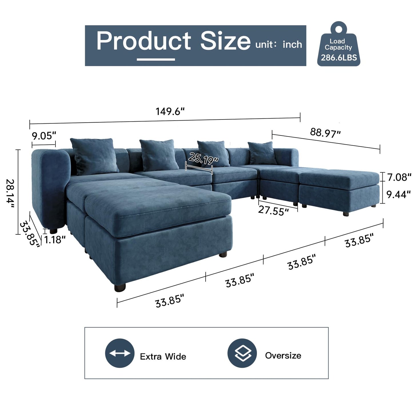 Modern Oversized 9-Seater Sofa with 5 Pillows and Storage Footstool, U-Shaped Sofa for Living Room EK HOME FURNITURE