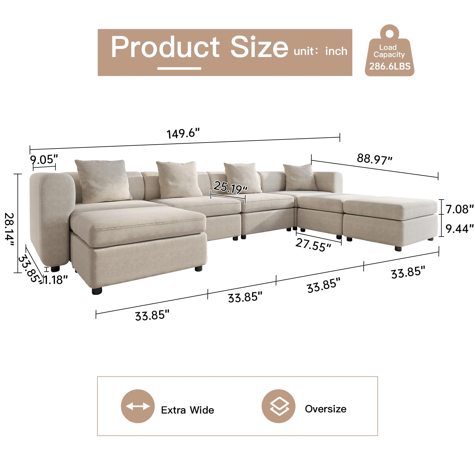 Modern Oversized 9-Seater Sofa with 5 Pillows and Storage Footstool, U-Shaped Sofa for Living Room EK HOME FURNITURE