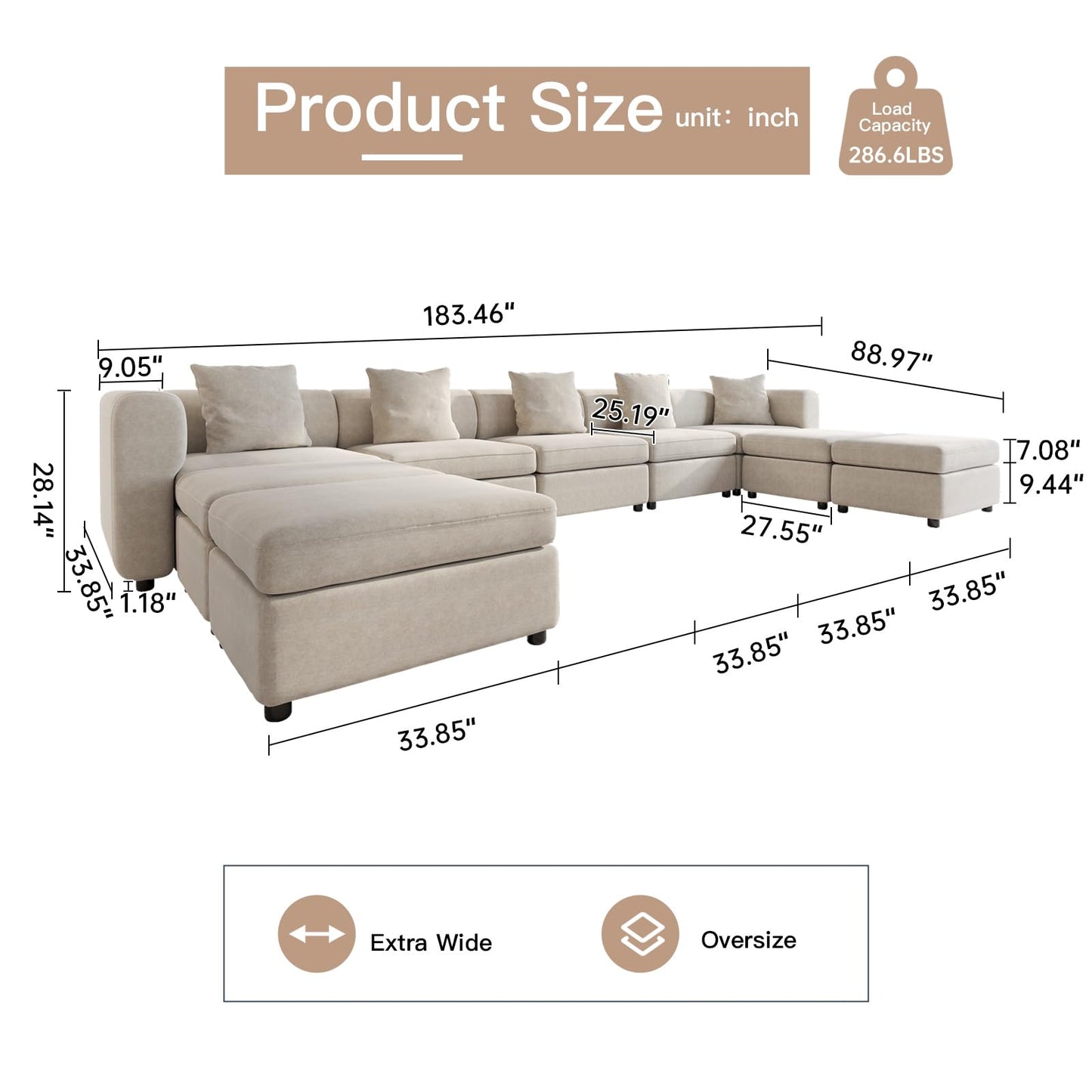 Modern Oversized 9-Seater Sofa with 5 Pillows and Storage Footstool, U-Shaped Sofa for Living Room EK HOME FURNITURE