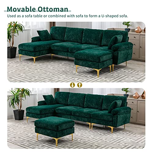 Modern Velvet L-Shaped Couch Set with Chaise Lounge, Ottoman and Pillows 114 inches (Emerald Green) EK HOME FURNITURE