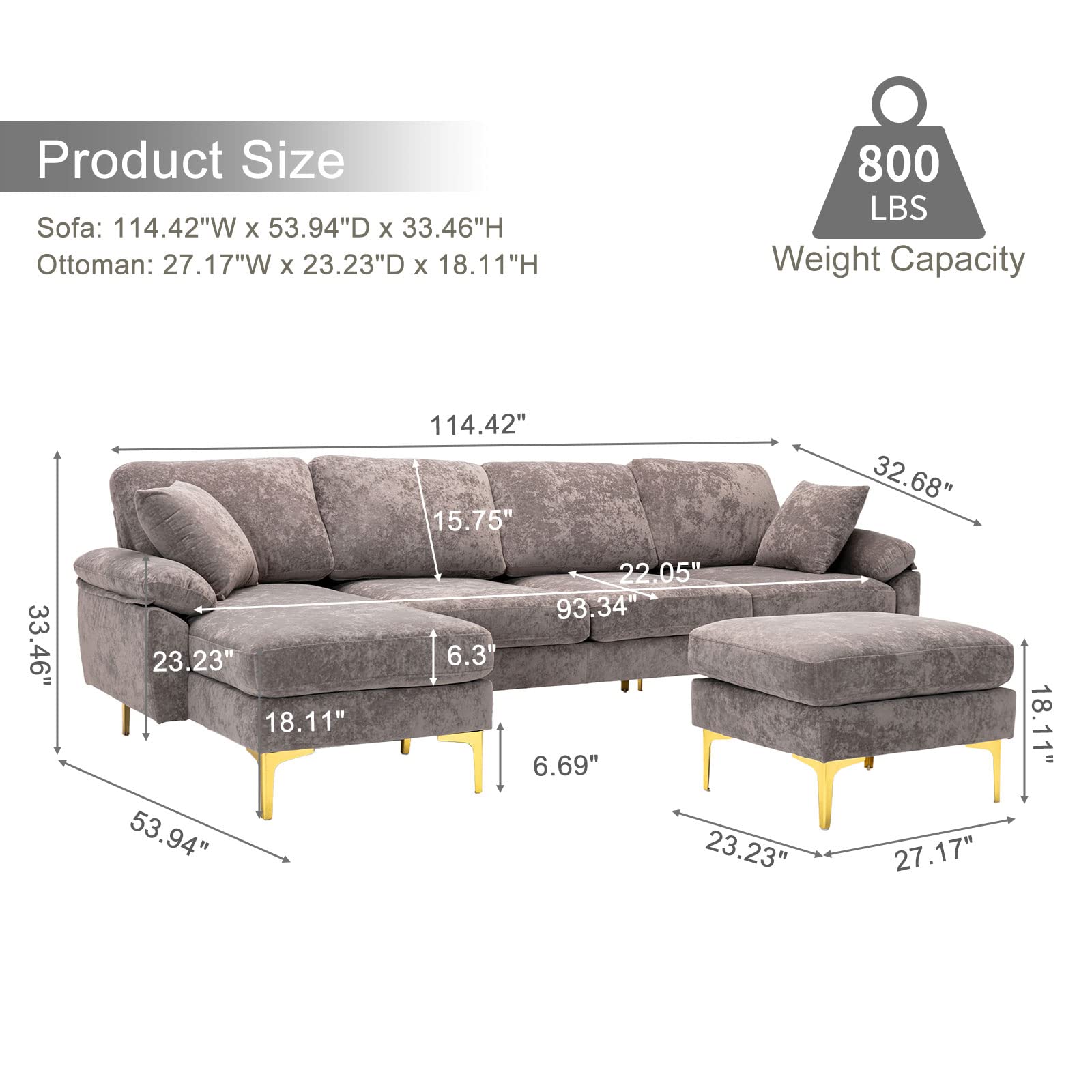 Modern Velvet L-Shaped Couch Set with Chaise Lounge, Ottoman and Pillows 114 inches (Emerald Green) EK HOME FURNITURE