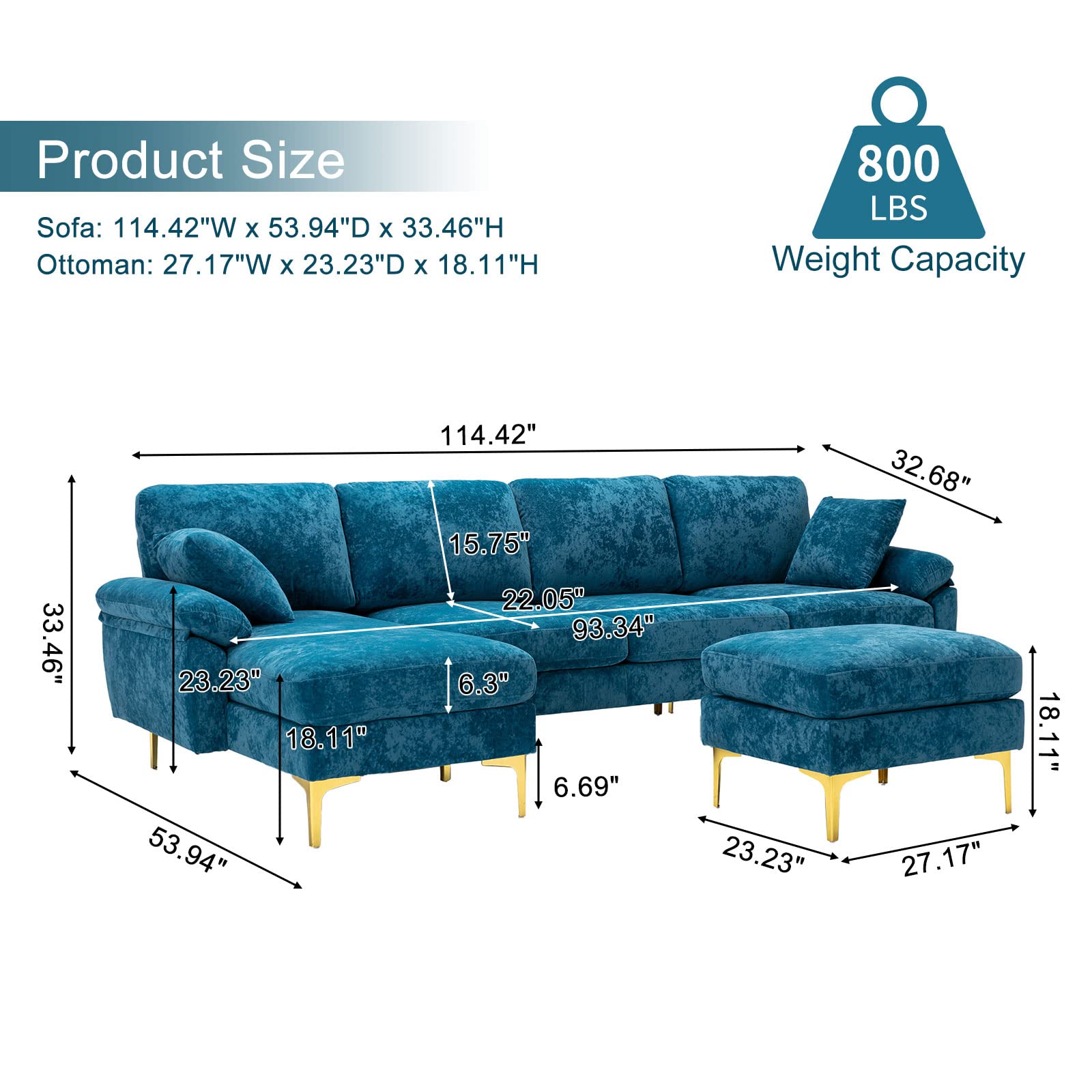 Modern Velvet L-Shaped Couch Set with Chaise Lounge, Ottoman and Pillows 114 inches (Emerald Green) EK HOME FURNITURE